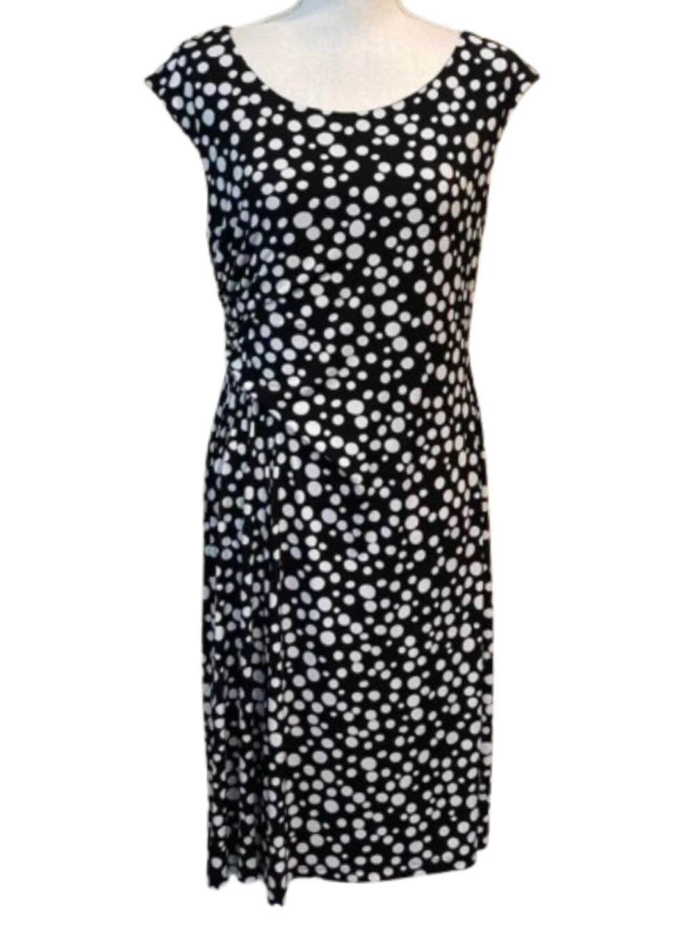 CONNECTED APPAREL Black White Polka Dot Ruched Gathered Jersey Knit Sheath Dress